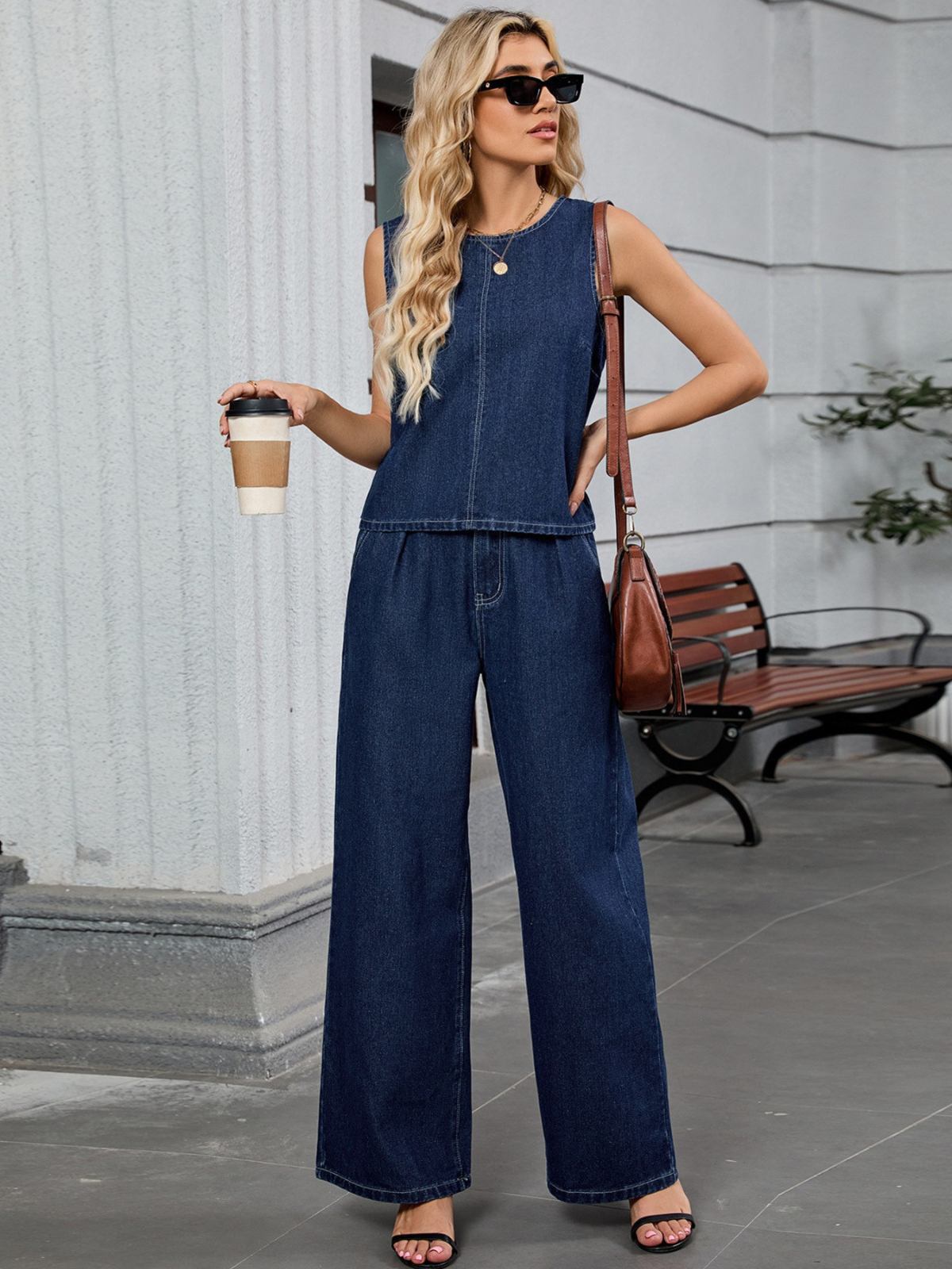 Structured Denim Set with Cropped Tank & Wide-Leg Trousers